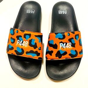 P448 Women's Sandal‎ Slides Water Resistant Leopard Orange Blue Size 8 (39)